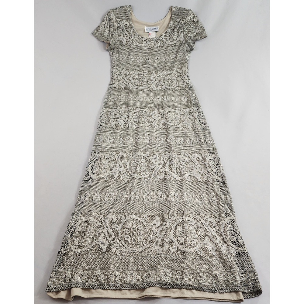 Vintage Jessica Howard Dress Womens 10 Metallic Silver Maxi Short Sleeve USA